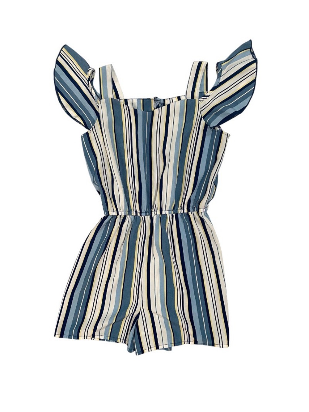 Lily Bleu Girl’s Blue Multi Stripe Ruffle-Shoulder One-Piece Romper